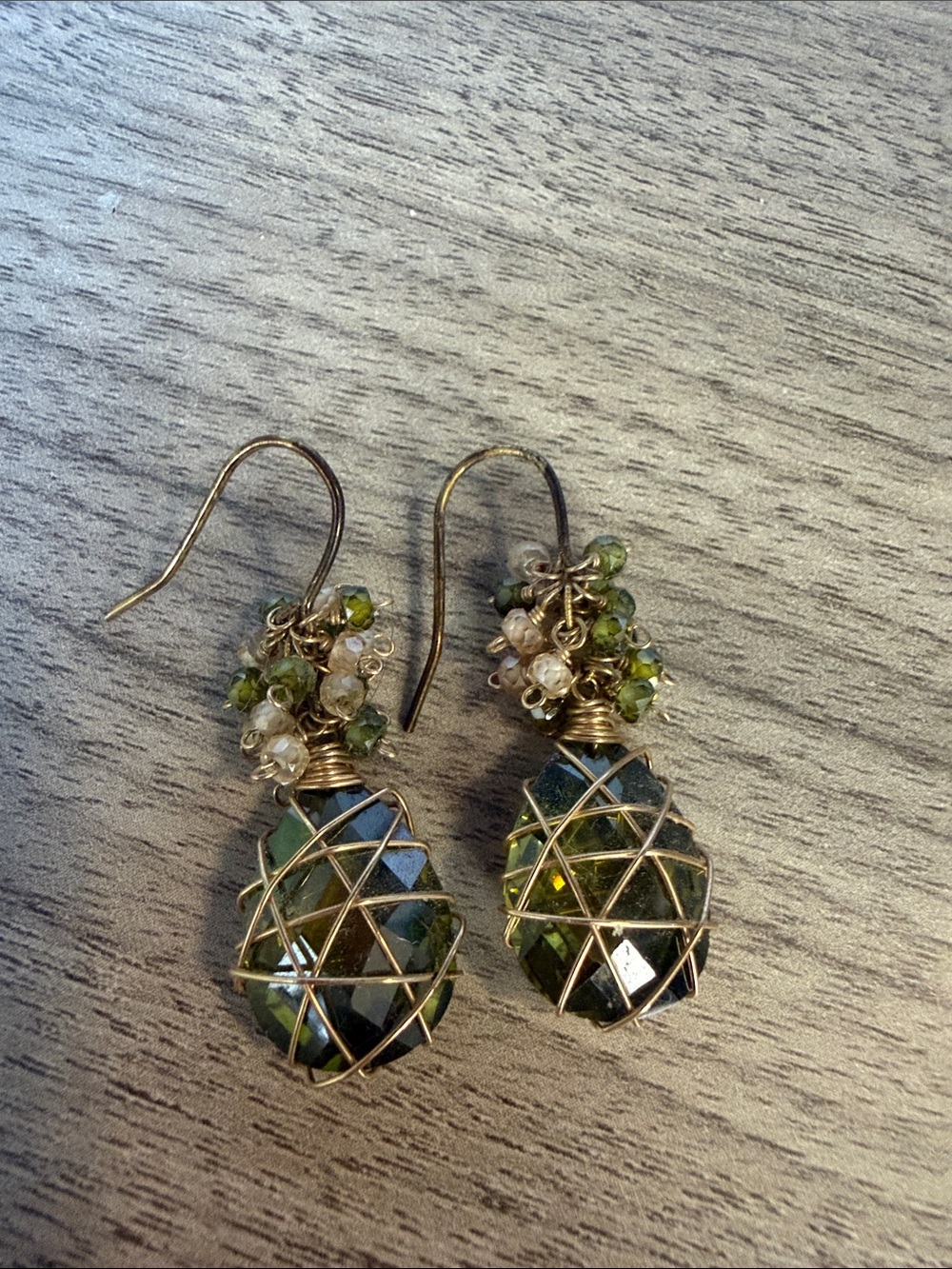 Handmade Green Crystal Wire-Wrapped Dangle Earrings